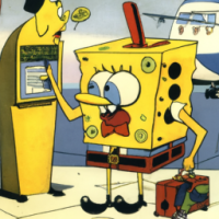 SpongeBob SquarePants talking to a mouse in an airport, 1960s Cartoon