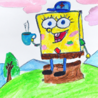 SpongeBob SquarePants dressed as a mailman drinking a cup of coffee in a mountainside scene, watercolors by 5 year old
