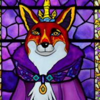 Anthropomorphic fox wearing a gleaming silver 9 point crown, wearing a resplendent  purple cloak. A multi-coloured stained glass window behind him.
