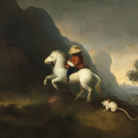 A mouse riding on a horse in a mountainside scene, Painting by Rembrandt