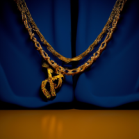 Art cover of rapper in gold and navy blue with chains 