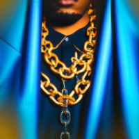 Art cover of rapper in gold and navy blue with chains 