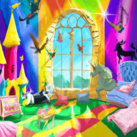 Illustrate a mural depicting a vibrant and lively fantasy land on one of the walls in a kid's bedroom. Include elements like castles, dragons, unicorns, and fairies to spark the child's imagination.