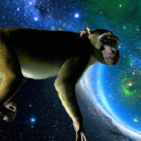 Create a detailed and lifelike 3D render of a playful monkey floating gracefully in outer space, surrounded by twinkling stars and distant galaxies. The monkey should appear curious and awe-inspired by its celestial surroundings. In the background, include a stunning depiction of the lush and diverse wildlife of Limpopo, South Africa, showcasing the region's iconic flora and fauna such as acacia trees, elephants, zebras, and exotic birds. Capture the essence of both the cosmic and terrestrial worlds in a seamless and visually captivating composition.